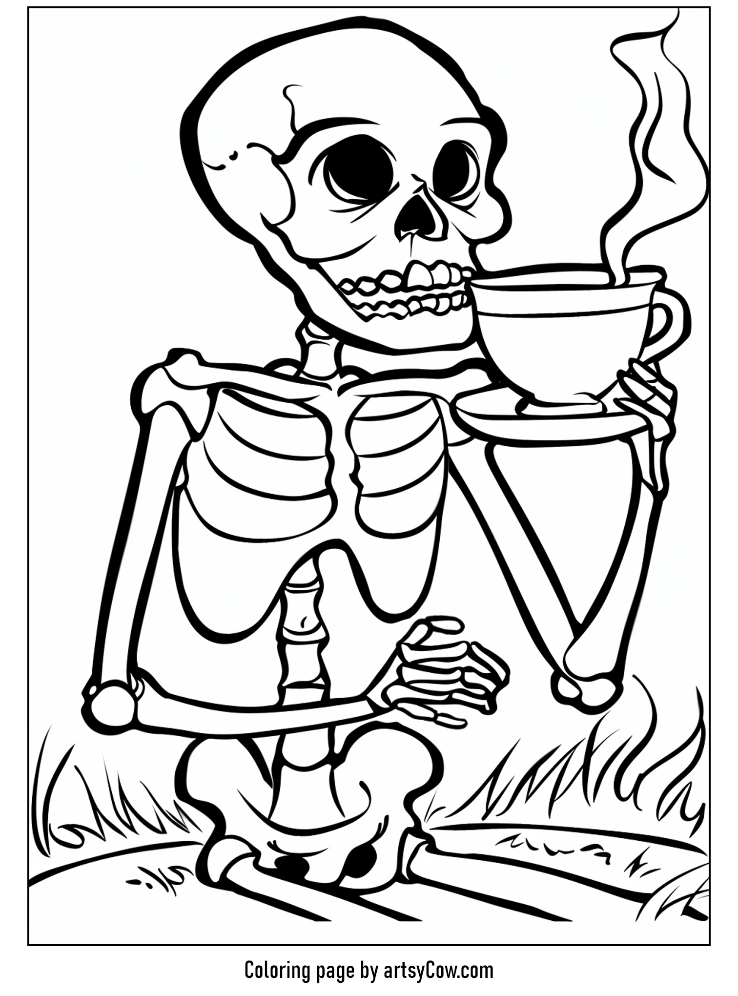 scary halloween coloring pages, a skeleton enjoying a steaming cup of tea.